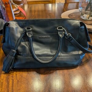 Tignanello Black Leather Satchel with Tassel Accent